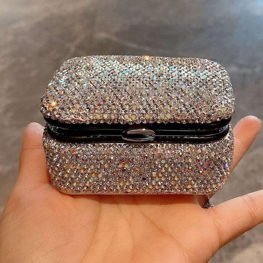 

Bling Mini Jewelry Box with Mirror Creative Luxury Diamond Jewelry Box Rhinestone Silver Necklace Storage Case Dressing Room