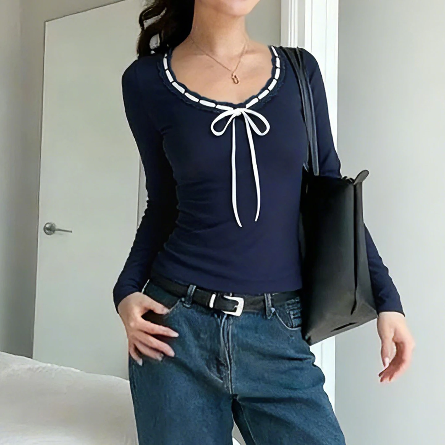 SUCHCUTE Coquette V Neck Lace Trim Patchwork Long Sleeve Tees Casual Front Ribbon Tie Bow Slim Women Top Y2K Clothing Fall Chic