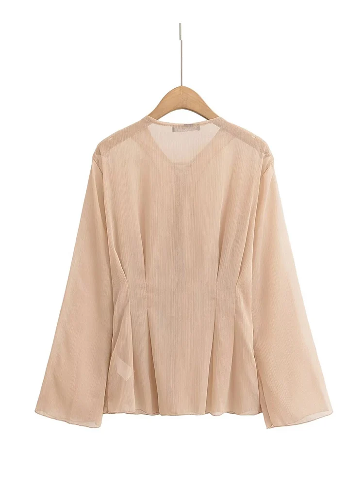 European style new women's fashion all-match temperament semi-transparent waist placket tie design trumpet sleeve top