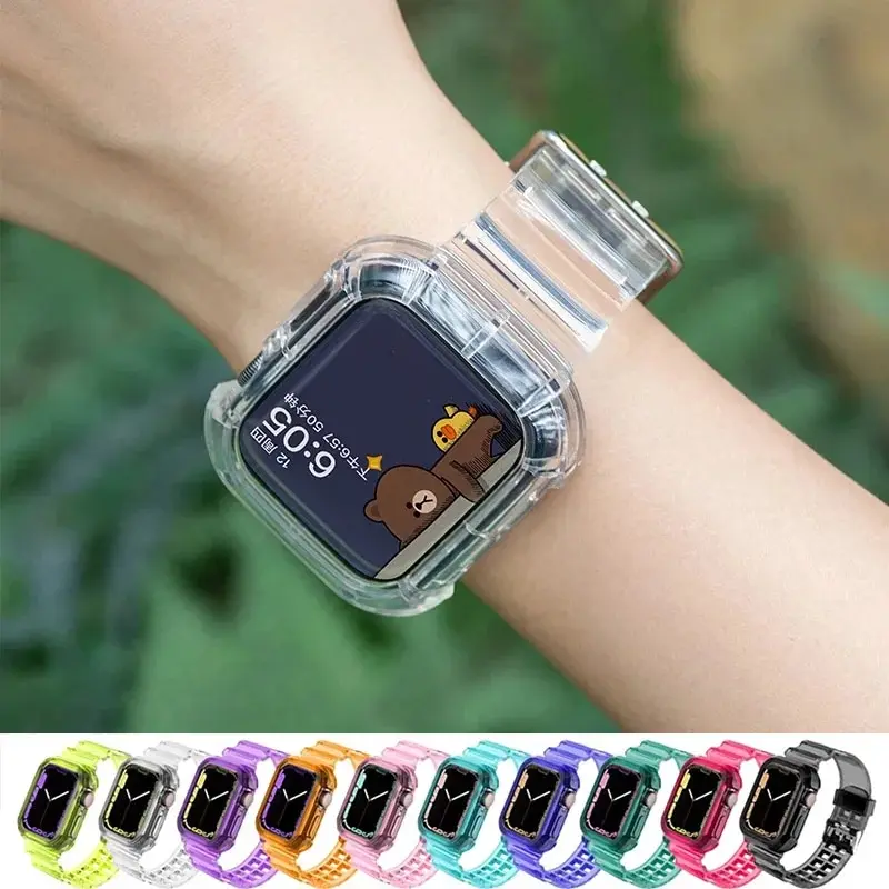 Pasek + etui do Apple Watch Ultra 9 8 7 6 SE 5 4 3 2 1 Miękki przezroczysty silikonowy pasek do iwatch 40mm 44mm 42MM 41MM 45MM 49MM