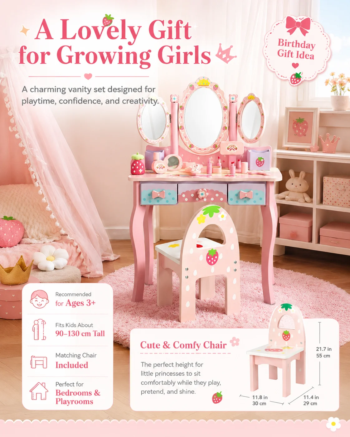 Kids Wooden Vanity Table Set with 3 Mirrors & Chair, Girls Pretend Play Dressing Table with Makeup Accessories