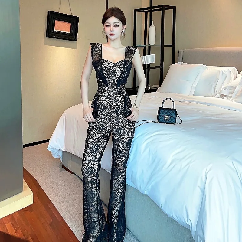 Summer 2024 temperament fashionable square neck lace suspender high waist jumpsuit slightly transparent pants