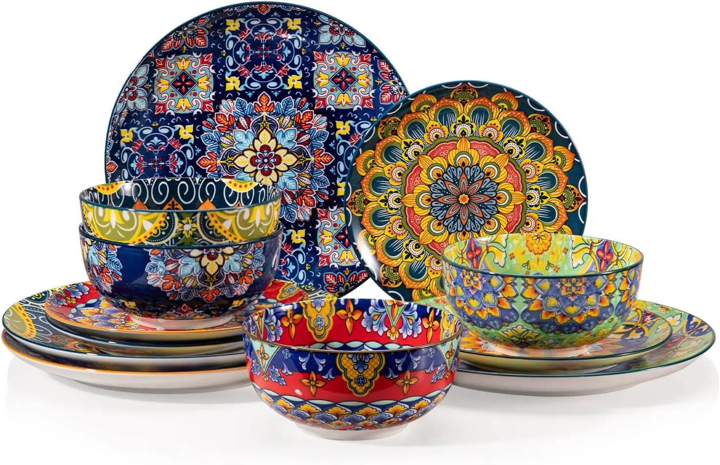 

Ceramic Dinnerware Sets for 4,12 Pieces Boho Plates and Bowls for Kitchen,Housewaring Gift,Bohemian Style Dish Set,Dishw