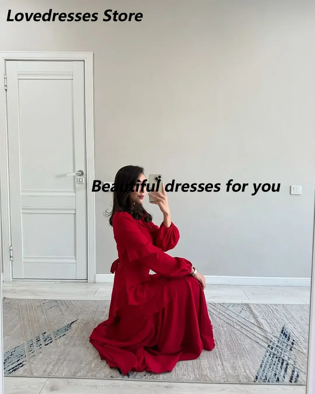 Customized Vintage Red Formal Women Evening Dresses Long Sleeves Prom Dresses V Neck Pleated Ankle Length Cocktail Party Dresses