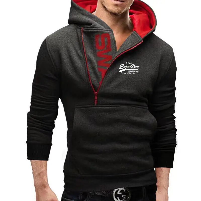 UK Superdry brand new autumn/winter printed side zippered hoodie Top Street Fashion men's Fleece pocket hooded casual sportswear