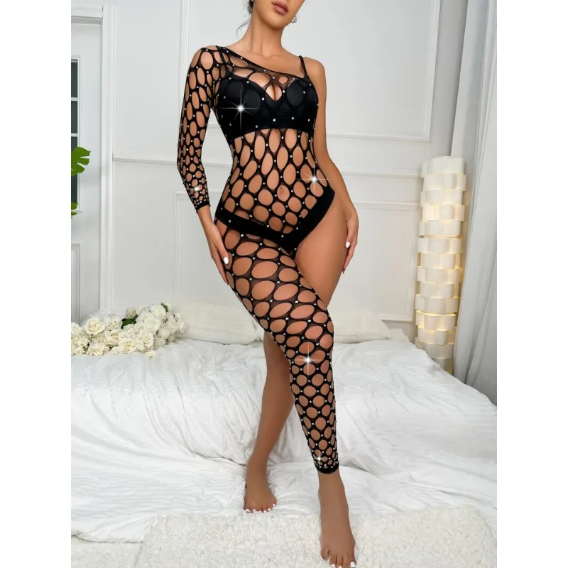 Europese en Amerikaanse dames sexy handgemaakte diamanten sprankelende lingerie enkele mouw been jumpsuit mesh jas