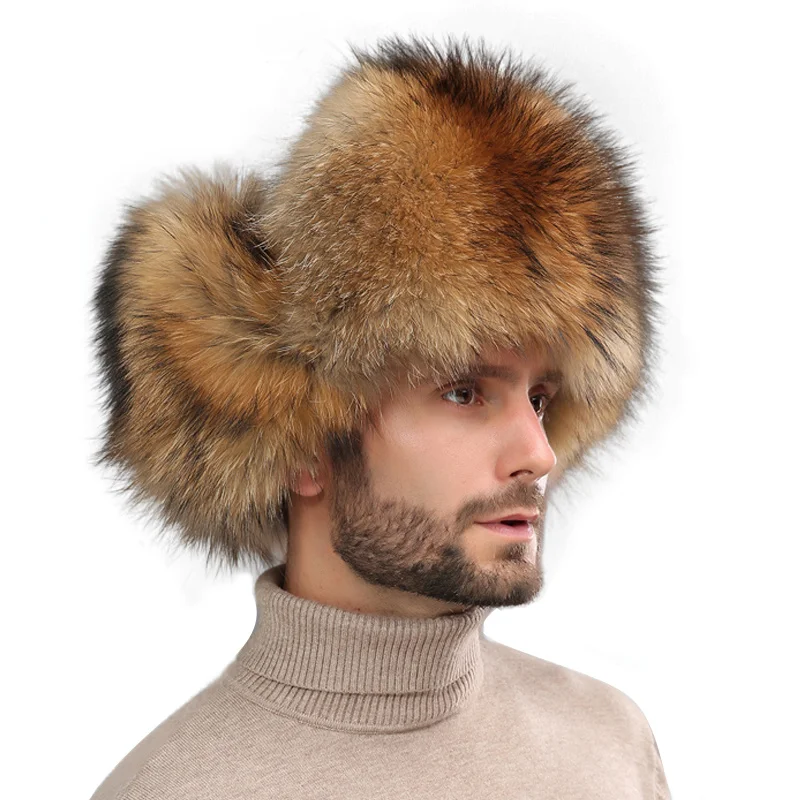 

2024 Russian Bomber Raccoon Fox Fur Hat Men Cap Outdoor Warm Earmuffs Men and Women Universal Winter Ski Caps Men's Fur Hats