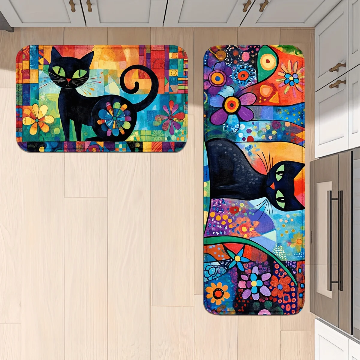 2D Flat Printing 1pc Abstract Black Cat Multicolor Geometric Pattern Printed Oblong Kitchen Mat, Polyester Machine Washable Kn