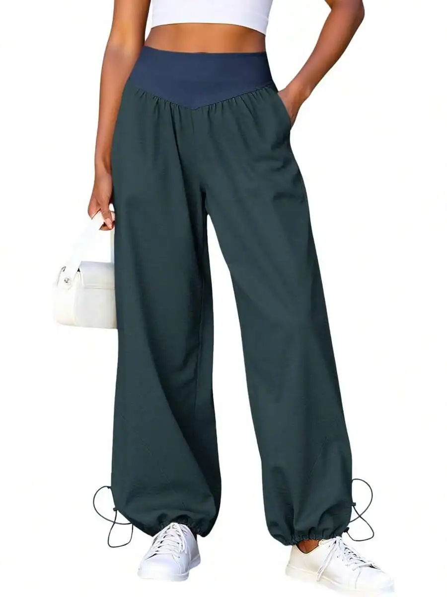 

Women Wide Leg High Waist Baggy Track Pants Loose Fit Drawstring Cuff Lounge Pants With Pockets