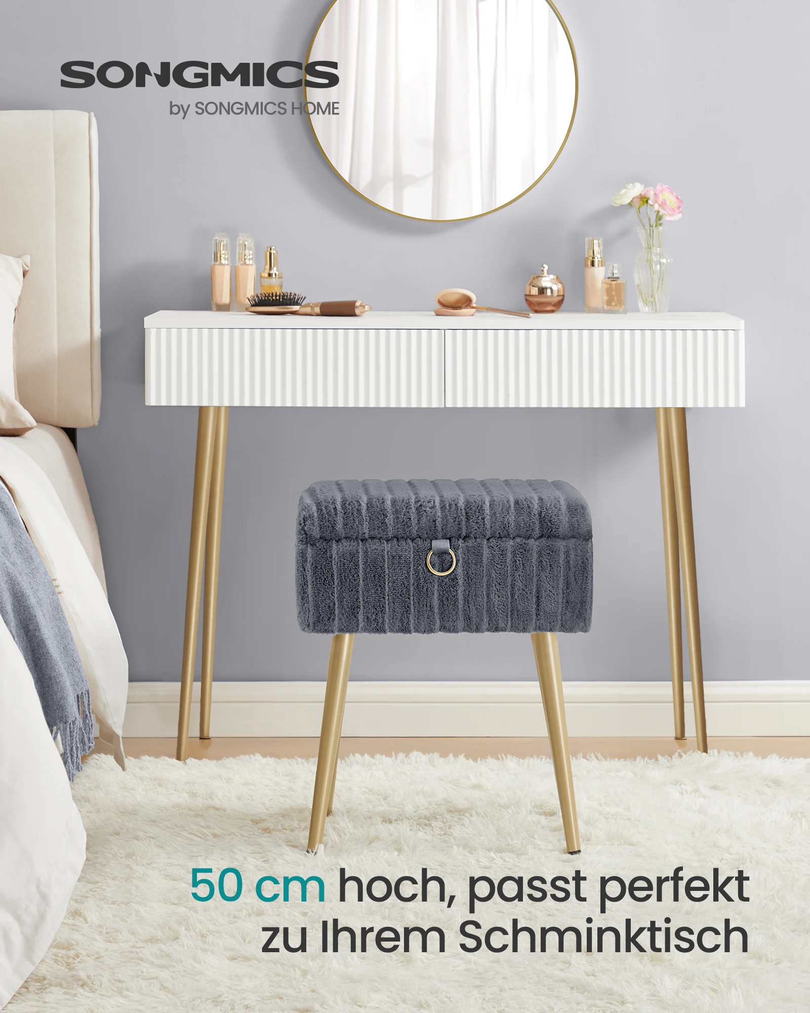 Schminktisch-Stuhl, Hocker mit Stauraum, Schminkhocker, Fußhocker, Metallbeine, gepolstert, verstellbare Füße, Wohnzimmer