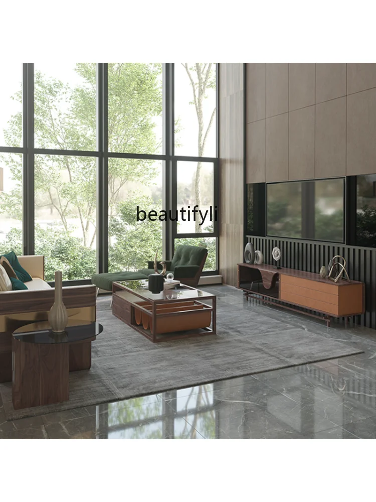 Black Walnut TV Cabinet and Tea Table Combination Design Solid Wood Creative Simple Modern Floor Cabinet Light Luxury