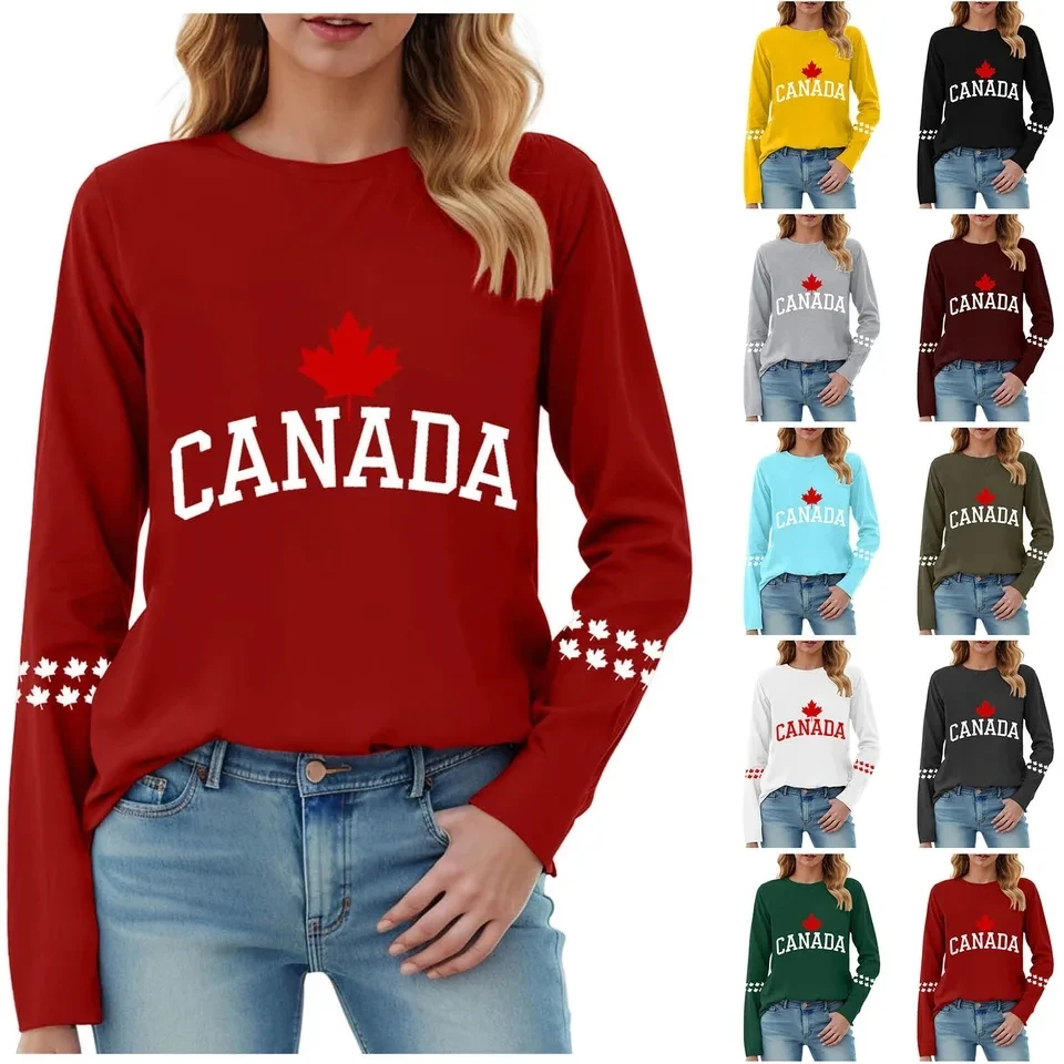 

Canada T-Shirts Maple Leaf Print Tees Women Graphic Streetwear Fashion T Shirt Round Neck Long Sleeve Tops Ladies Casual Tshirt
