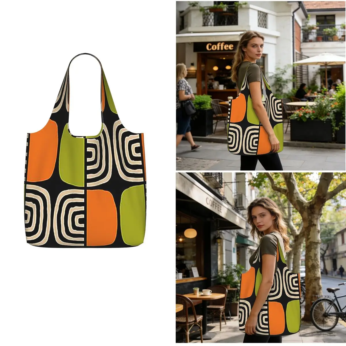 Half Concentric Circle Pattern Black Orange Green And Beig Shopping Tote Bag Canvas Shoulder Bags Shopper Grocery Handbag