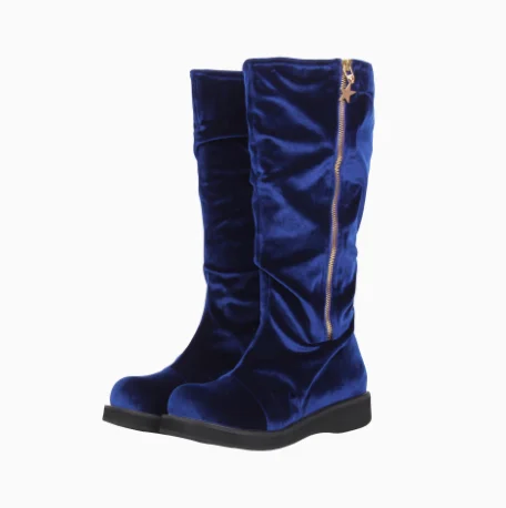 

Blue Velvet Punk Style Round Toe Knee-High Platform Women Boots Chunky Middle Heels Side Zipper Design Large Size Shoes