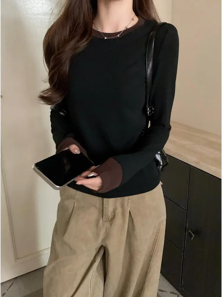 

Korean Fashion Women Black Patchwork Long Sleeved Sweater 2024 Autumn Winter New Grey Round Neck Elegant Knit Cotton Tops Trendy