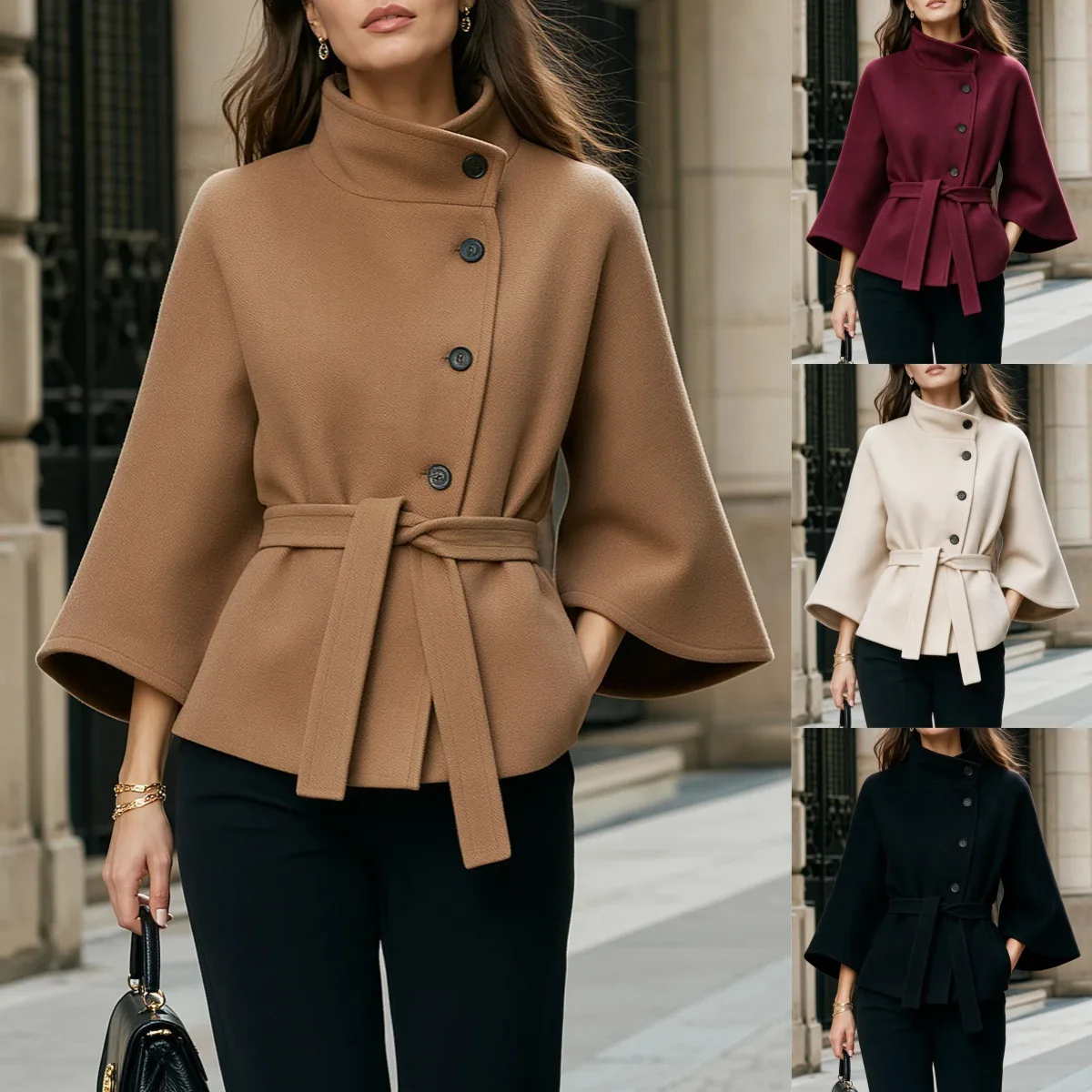 B 2026 New Ladies High Neck Jacket Flared 3/4 Sleeve Self Belt Waist Tie Short Coat Elegant Casual Fall Winter Outerwear