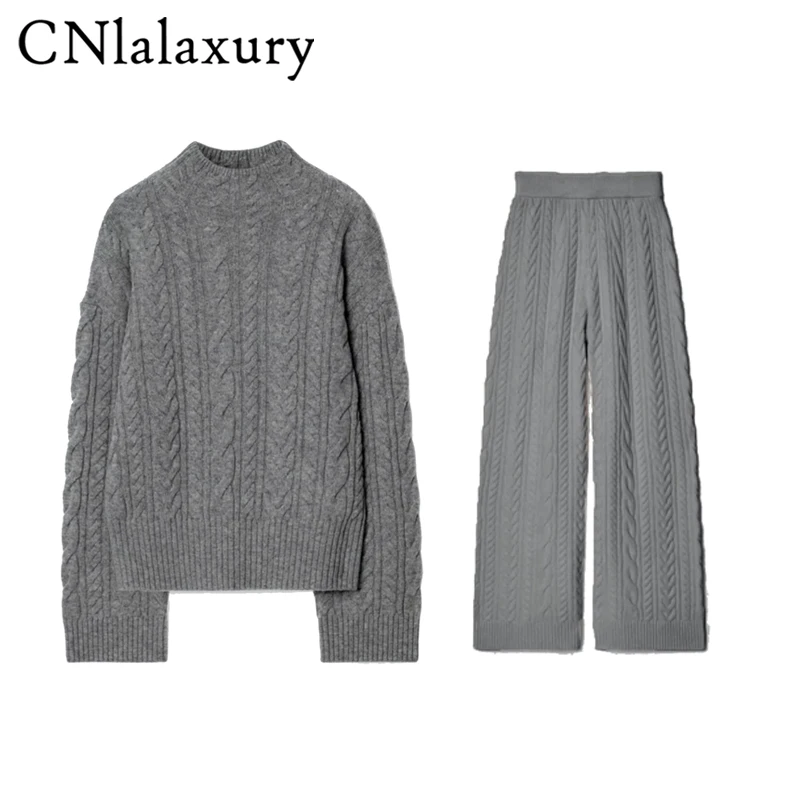 Knitted Gray Pant Sets Women Half Turtleneck Loose Sweater Wide Leg Trousers 2 Pieces Suits Female 2 Pieces Sets outfit women