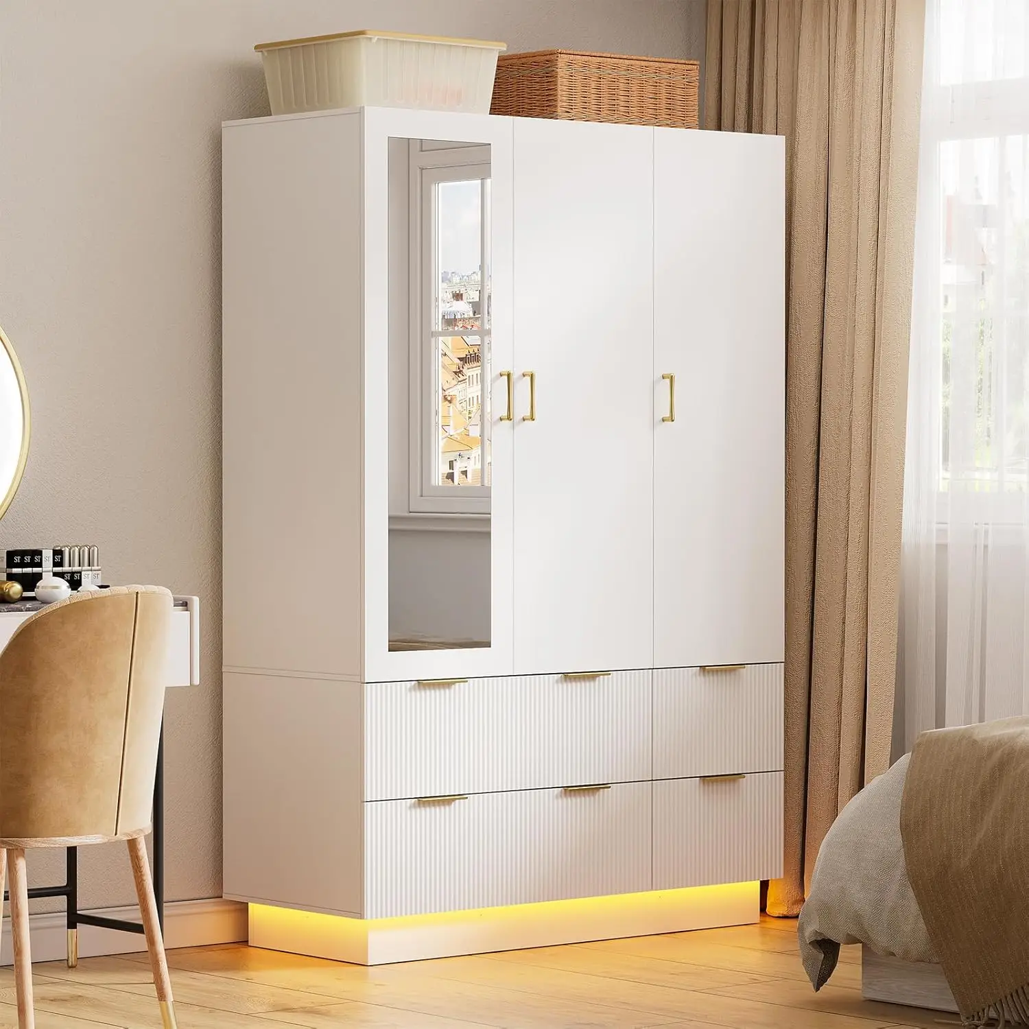 Armoire Wardrobe Closet , Bedroom Armoires with Mirror and LED Lights,Large Capacity Storage Wardrobe Armoire for Bedroom