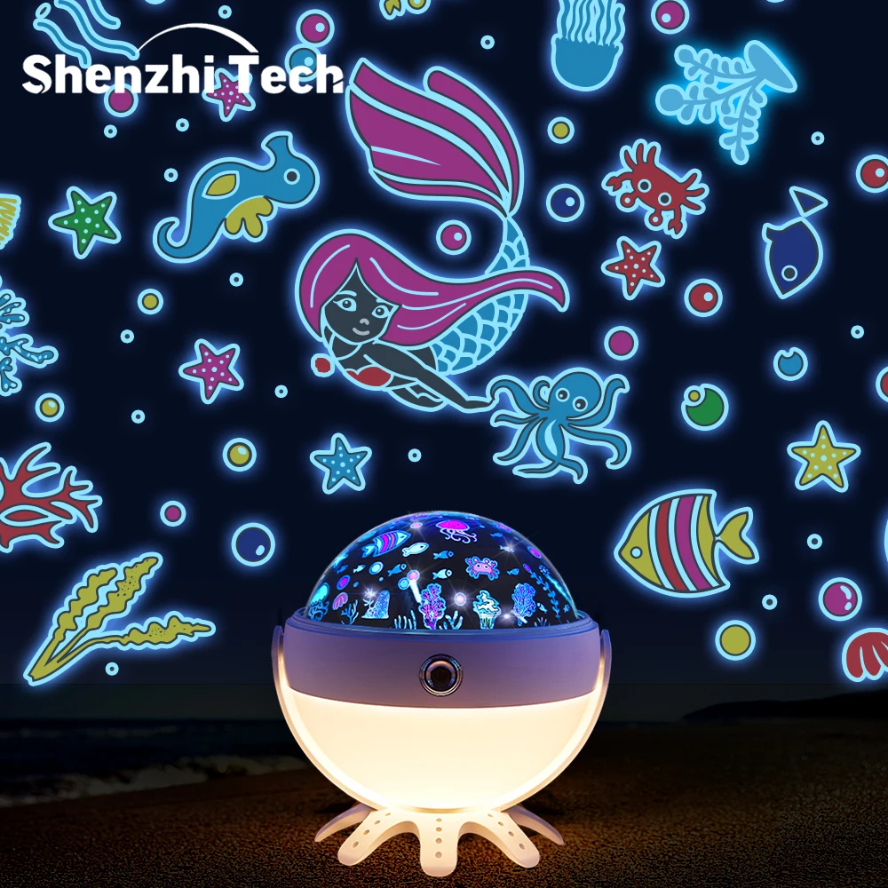 

Проекционная лампа Shenzhi Tech Octopus – ночник с дистанционным управлением, 5 пленок, 360° ° Вращающаяся музыкальная колонка USB для спальни, подарок