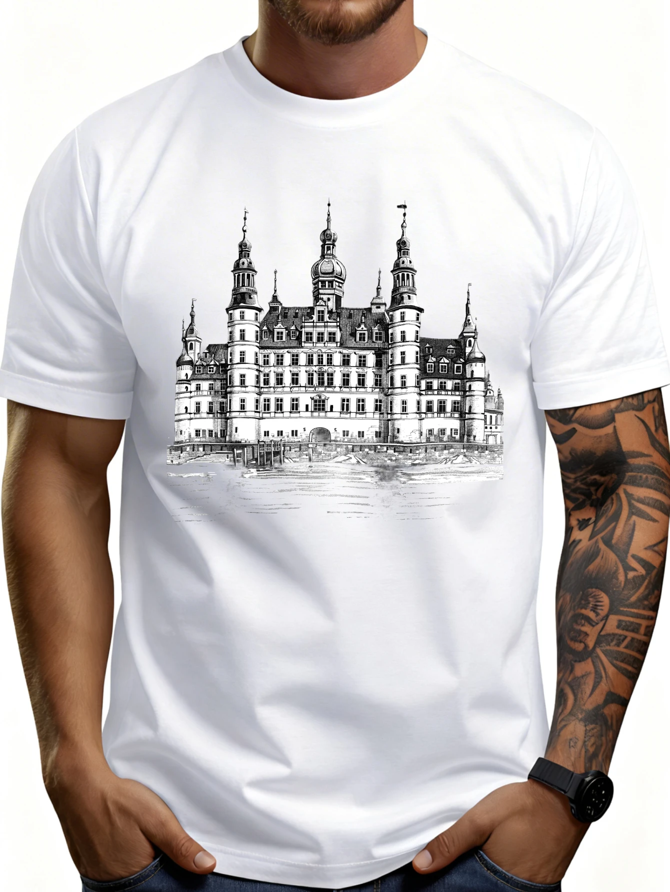 Casual Style Men's T-Shirt with Castle Print, Summer Wear, Gift for Travel Enthusiasts