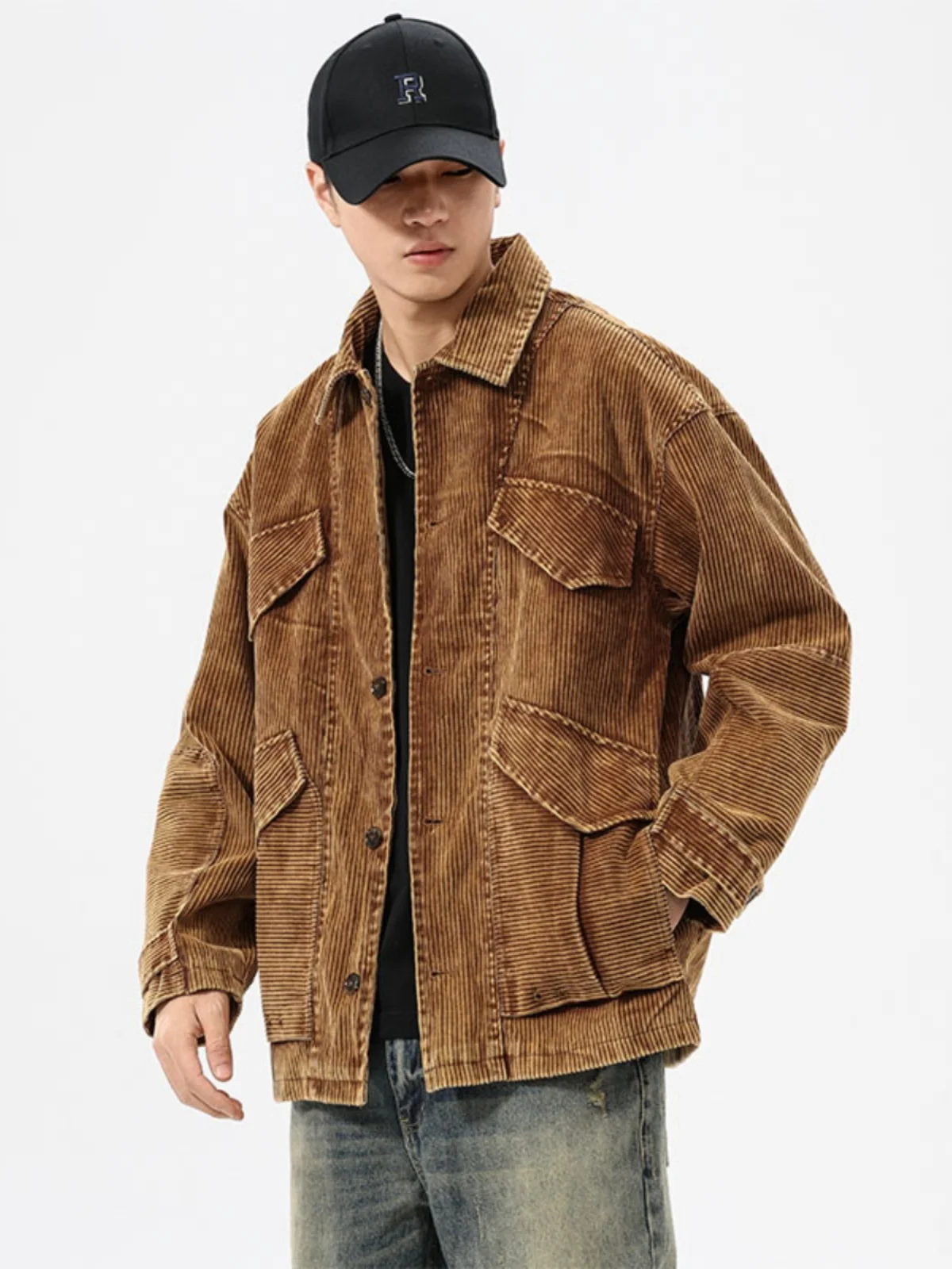 

Retro American Heavyweight Corduroy Workwear Jaet Men's Loose Waed Vintage Sle Trendy Coat Autumn Winter Cotton Polyester
