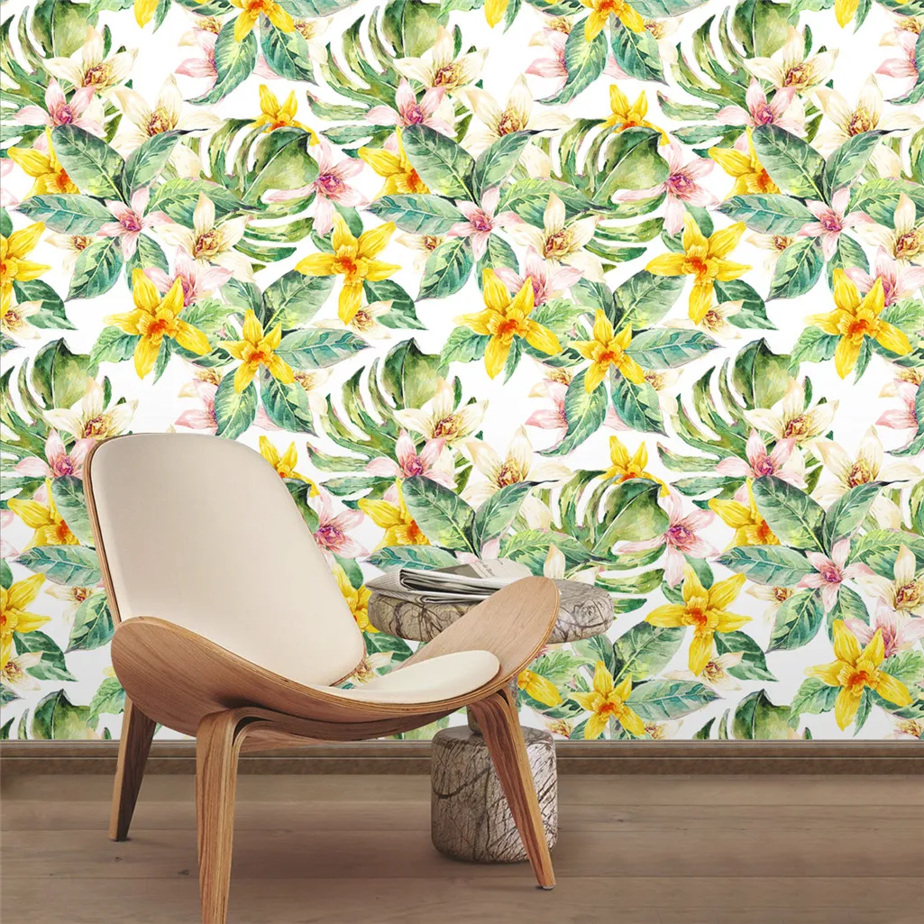 

Yellow Floral Peel and Stick Wallpaper Green Leaf Self Adhesive Wallpaper Tropical Palm Removable Contact Paper for Wall Decor