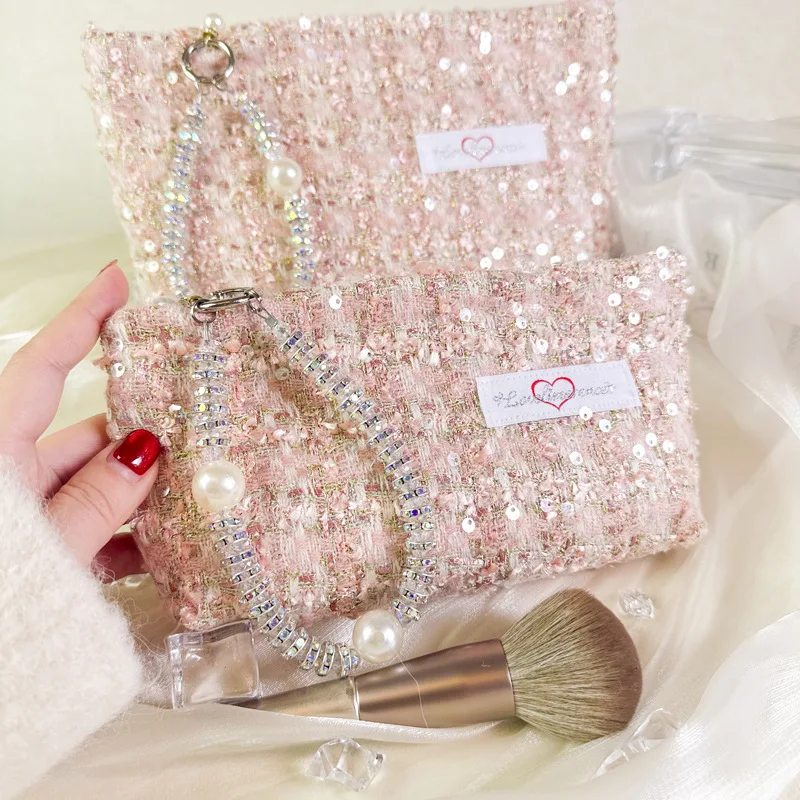 Ladies' Cosmetic Bags Portable Handheld Large Capacity Storage Bags For Girl Pink Shining Sweet Fashionable Verstaile Makeup Bag