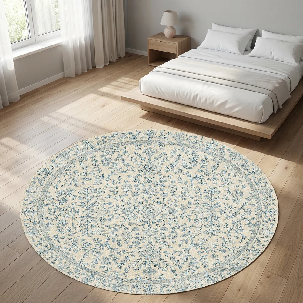 Round Blue Floral Bohemian Area Rug Vintage Distressed Mediterranean Boho Style Accent Carpet for Living Room Home Decor