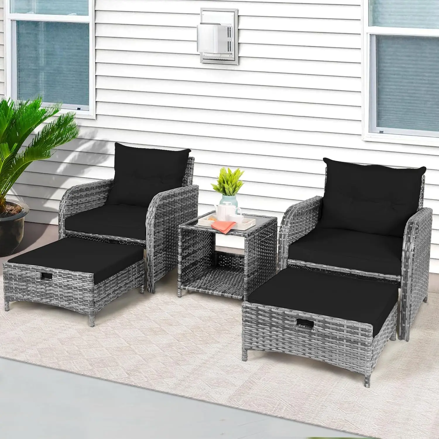 5-Piece PE Wicker Patio Conversation Set With Ottoman & Underneath Footrest, Outdoor Rattan Chairs & Table, Black, Customized