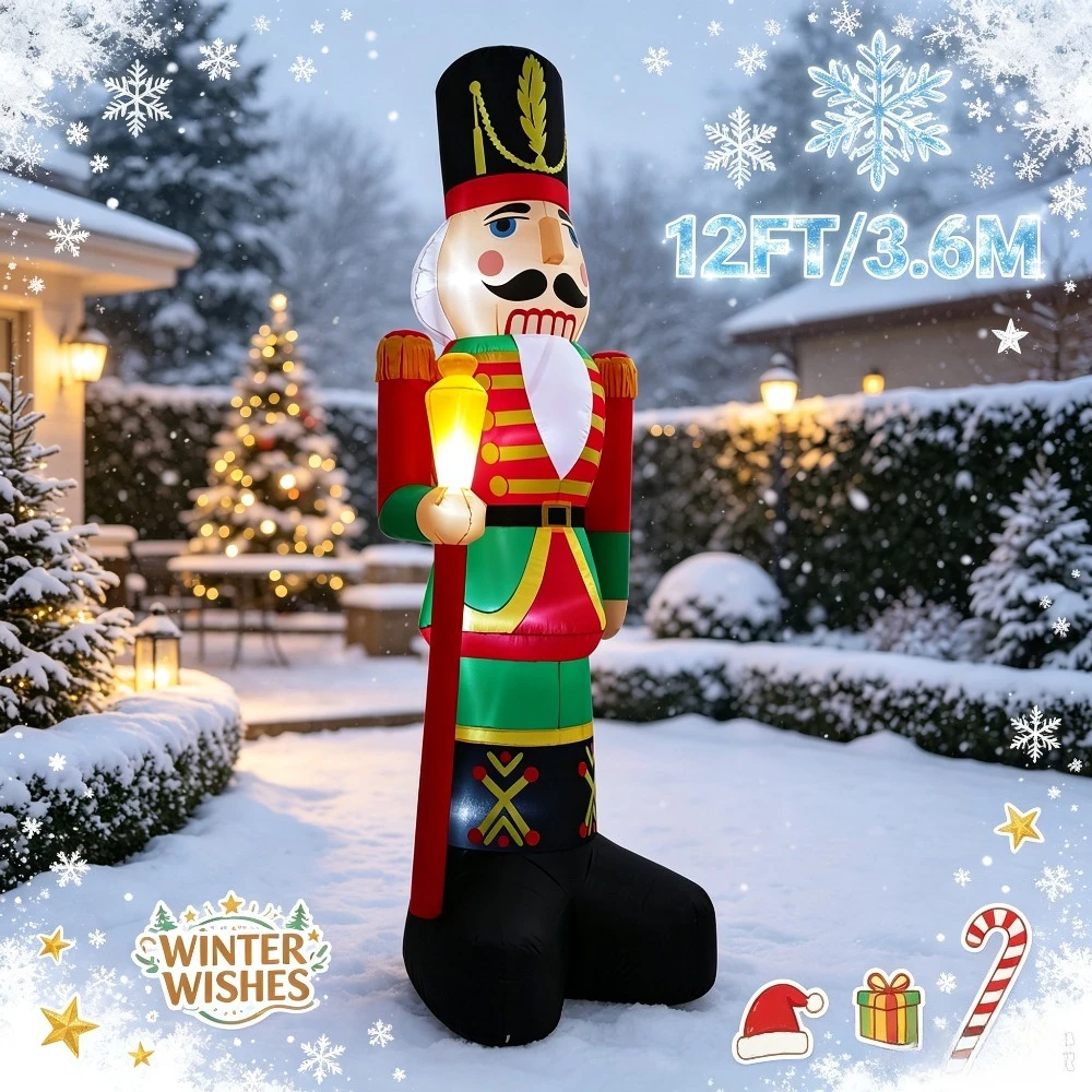 12FT Christmas Inflatable Nutcracker Soldier Blow Up Outdoor Decoration Waterproof Light Up Xmas Lawn Sign Driveway Family Decor