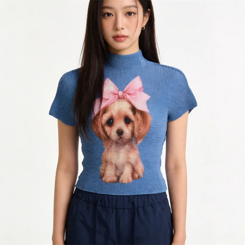 

Miyake pleated cartoon printed T-shirt women's high collar short-sleeved shirt women's fashion tops 2026 new summer