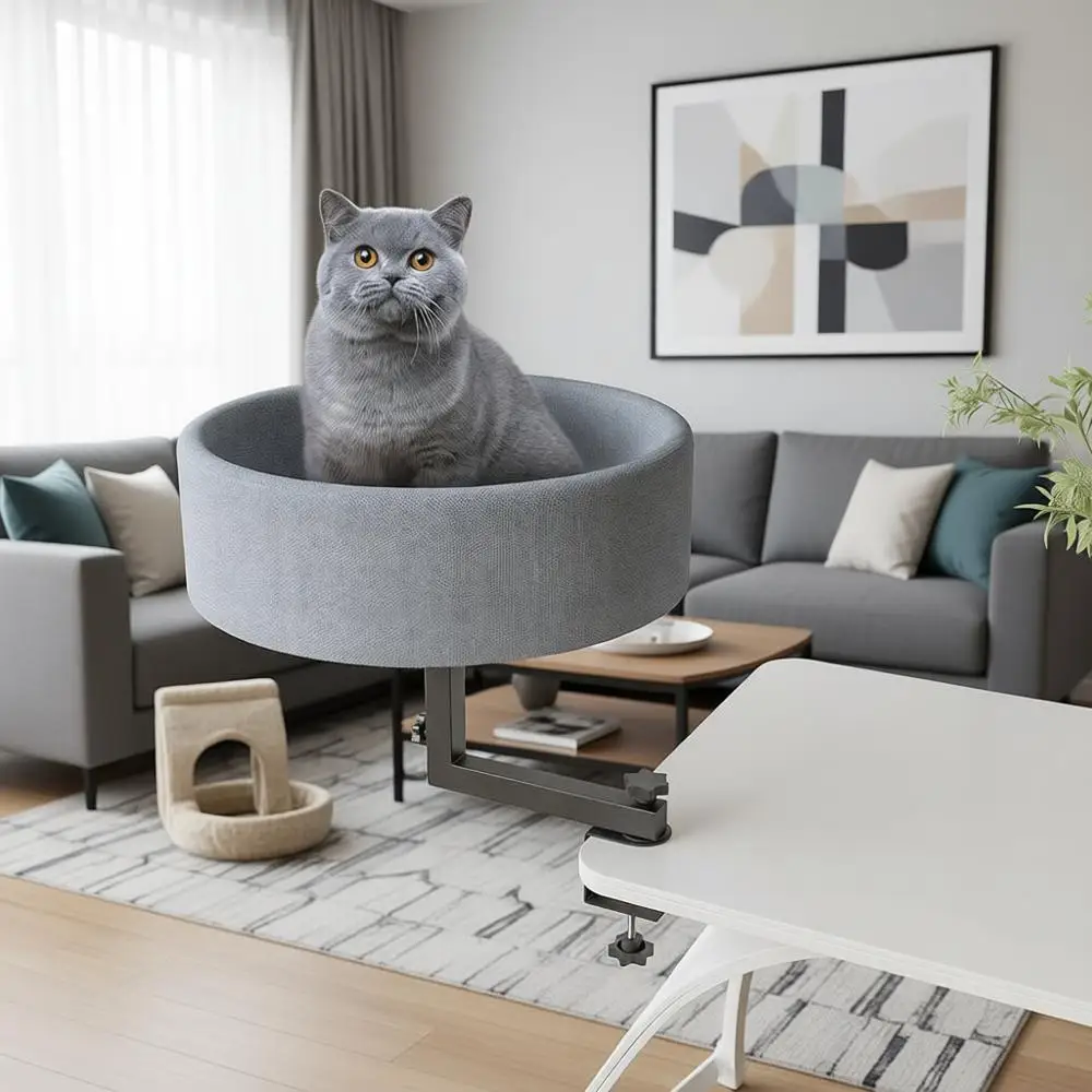 

360° Rotating Elevated Desk Cat Bed, Adjustable for Up to 55 LBS, Washable Soft Fabric, Modern Indoor Cat Nest Furniture