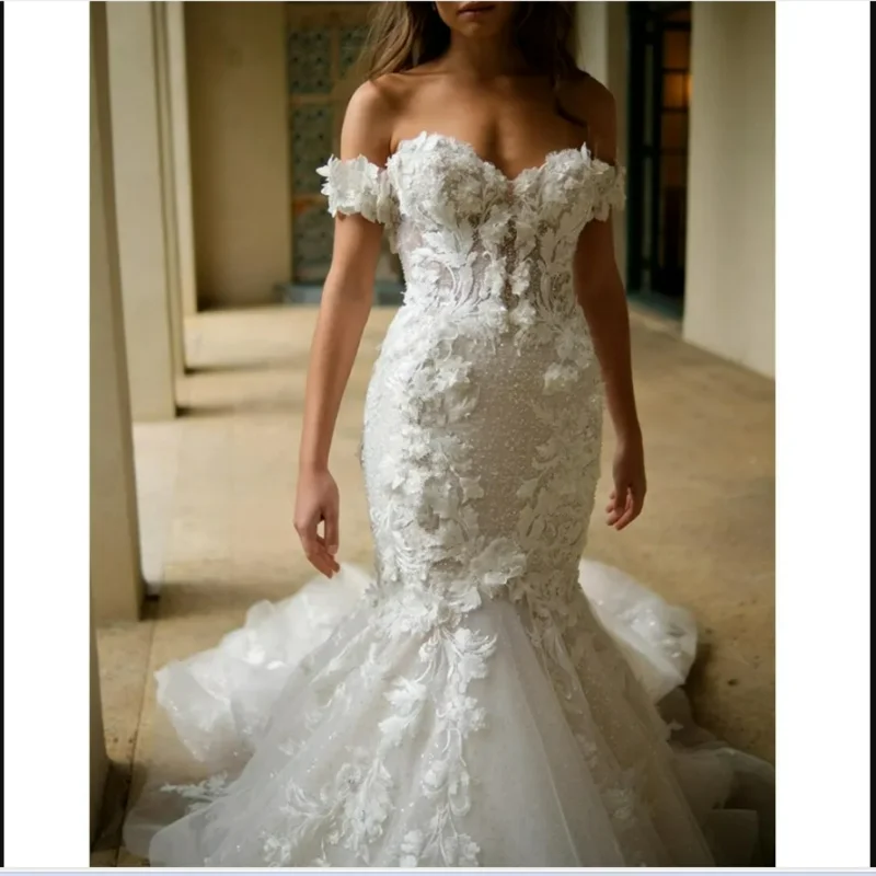 

Customized Off the Shoulder Appliques Beads Vintage Wedding Dress Sweep Train Vestidos De Novia Backless Bridal Gown
