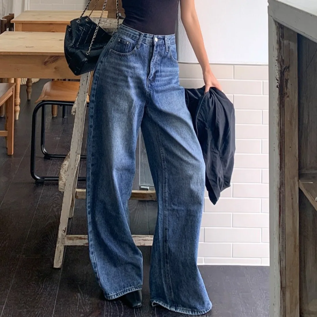 

Джинсы с высокой талией и широкими штанинами, женские повседневные брюки, винтажные потертые универсальные осенние модные женские брюки свободного покроя