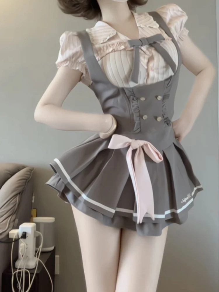 

Uniform College Sweet Girl JK 3 Piece Set Pink Bow Shirt + Grey Vest + Ruffle Pleated Skirt Suit Kawaii Design High Waist Sets