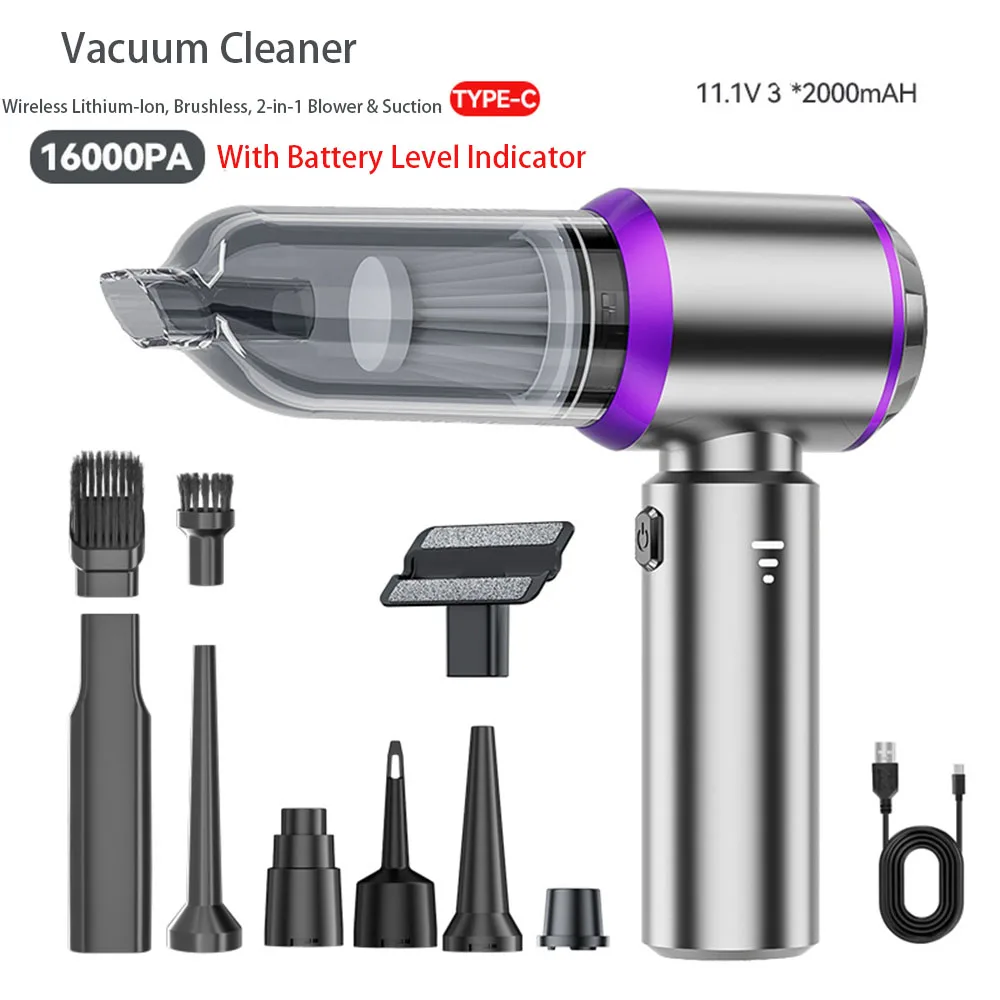 

16000Pa 2-in-1 Handheld Vacuum Cleaner with Battery Level Display 6000mAh Lithium Battery Cordless for Home Car & Pet Hair