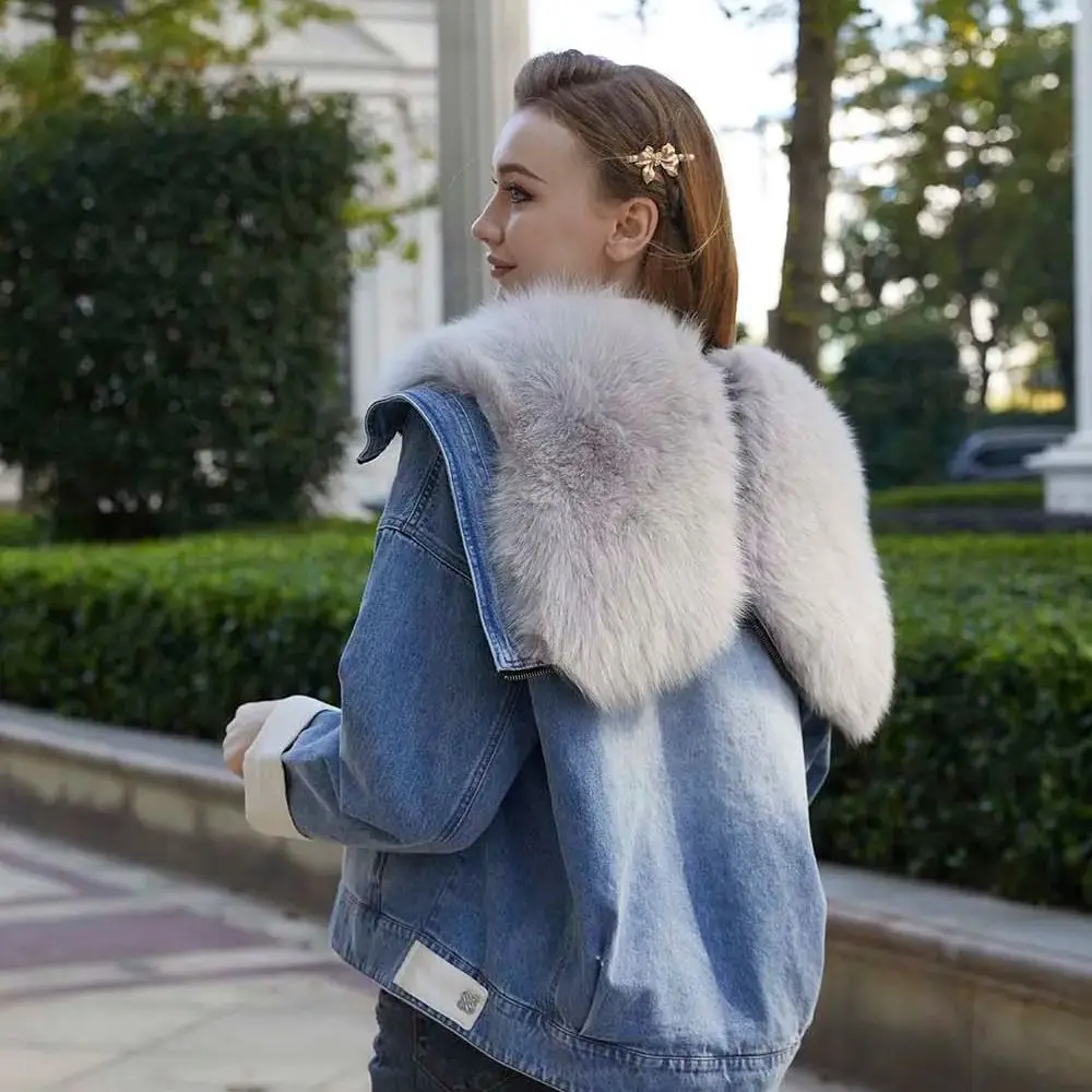 

JANEFUR Denim Jacket Filling with Duck Down Women 2023 Fashion Luxury Warm Real Fox Fur Hood Down Coat