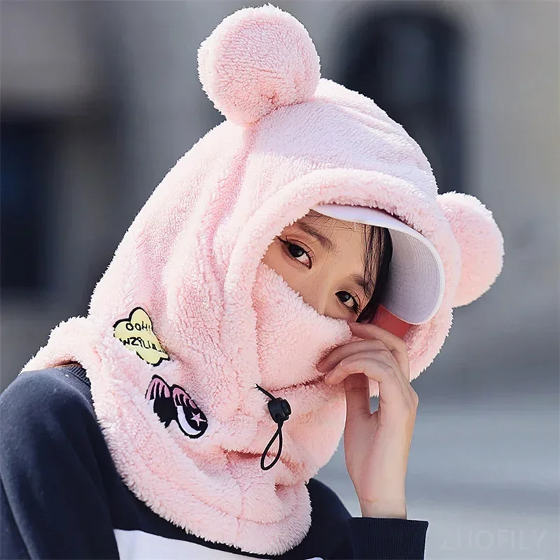 3D Bear Ear Skiing Helmet Cover Panda Skiing Plush Hats Comfortable Soft Wool Winter Outdoors Cute Riding Mask Keep Warm Caps