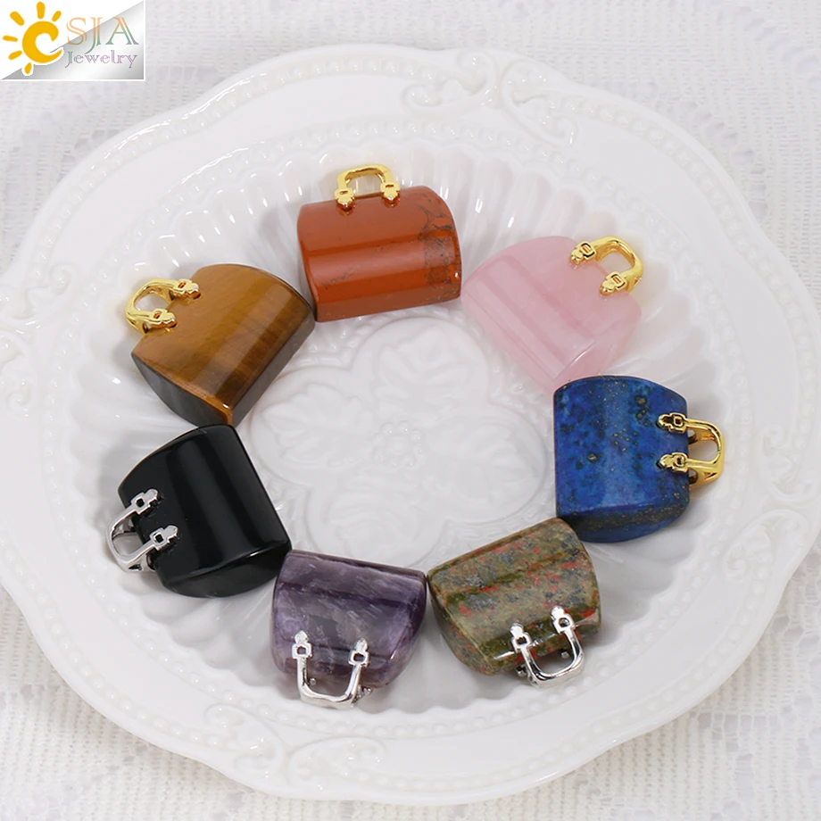 CSJA Natural Gem Stone Handbag Pendant Necklace for Women Healing Amethysts Pink Crystal Pendants Jewelry Home Decor Gift H171