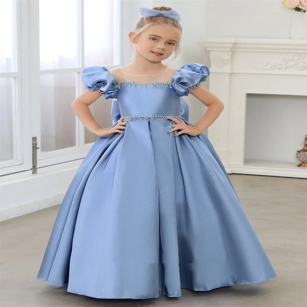 

Flower Girls Dresses Satin Sleeveless Floor Length With Bow For Wedding First Communion Dresses Birthday Party Princess Gown