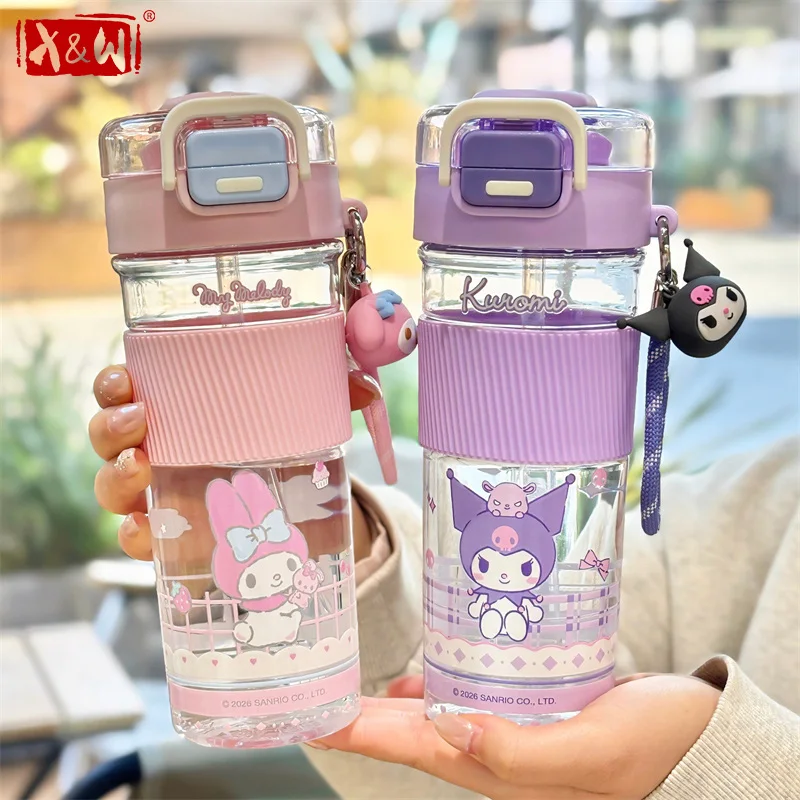 X&W Sanrio Plastic Straw Cup 520ml Kuromi My Melody Portable Transparent Water Bottle Summer Cold drink cup For Girls Students