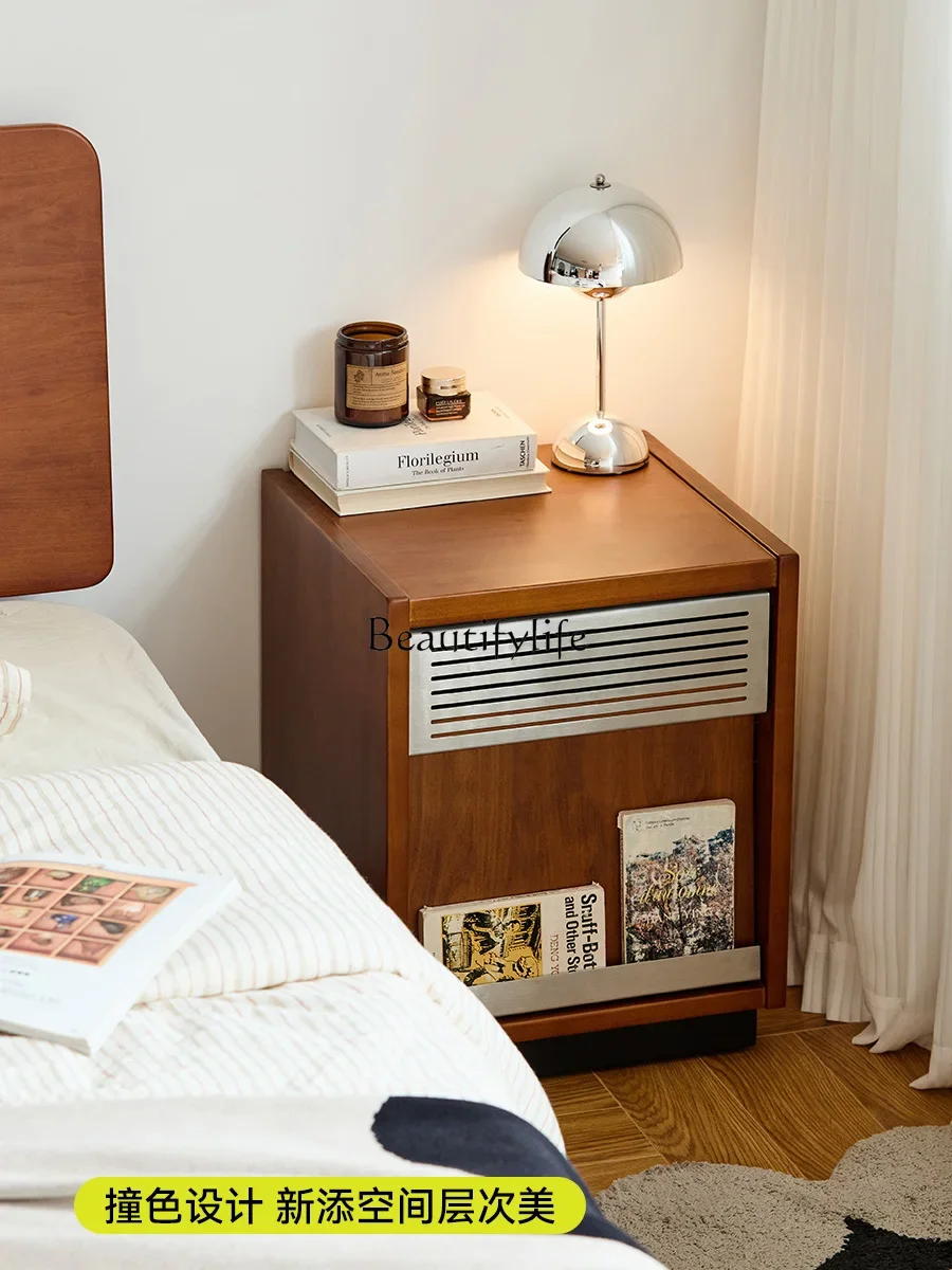 

yj15 Solid Wood Bedside Table Vintage Mid-Century Storage Organizer Simple Storage Cabinet