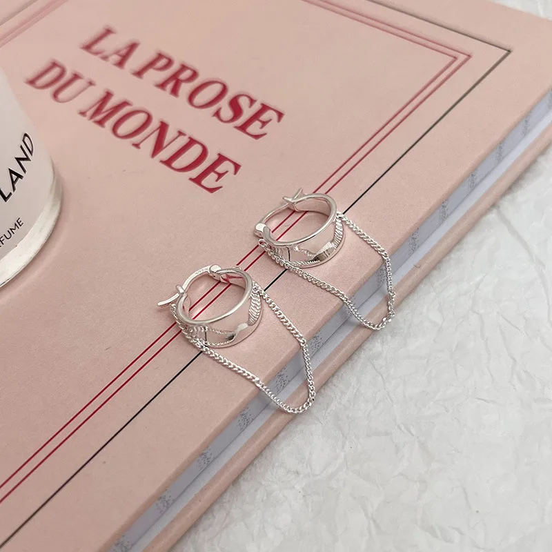 Real Money 925 Sterling Silver Long Tassel Chain Width Hoop Earrings for Women S925 Wedding Party Jewelry Gift Aretes De Mujer