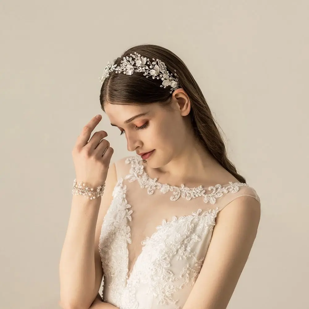 Pearl Crystal Headband Floral Jewelry Rhinestone Wedding Headpieces Gold Alloy Leaf Design Bridal Headpiece Women Bridal