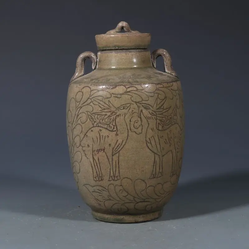 Yue Kiln Grey Celadon Incised Twin Deer Double Loop Ear Lidded Jar Chinese Antique Ceramic Tea Storage Pot