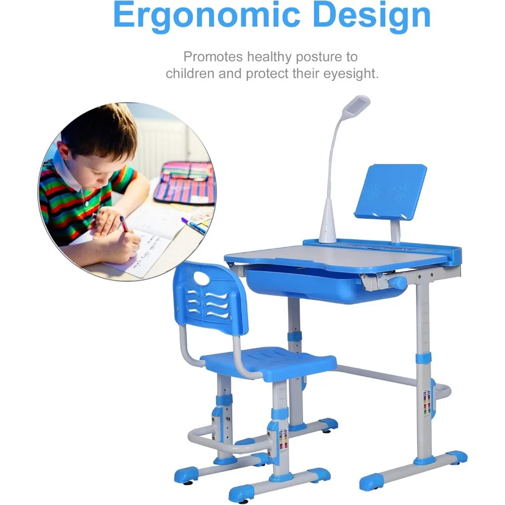 Conjunto de mesa e cadeiras, mesas de estudo e escrita ajustáveis em altura com tampo de mesa inclinado, luz LED, mesa e cadeira infantil