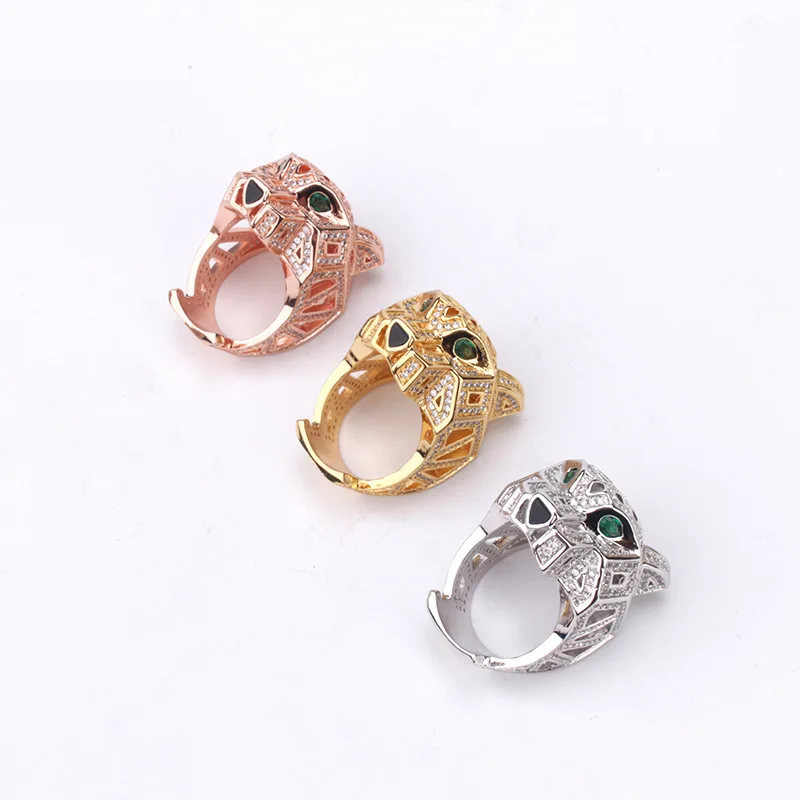 Designer Collection Style Ring Men Women Lady Inlaid Cubic Zircon Hollow Out Plated Gold Color Green Eyes Leopard Panther Rings