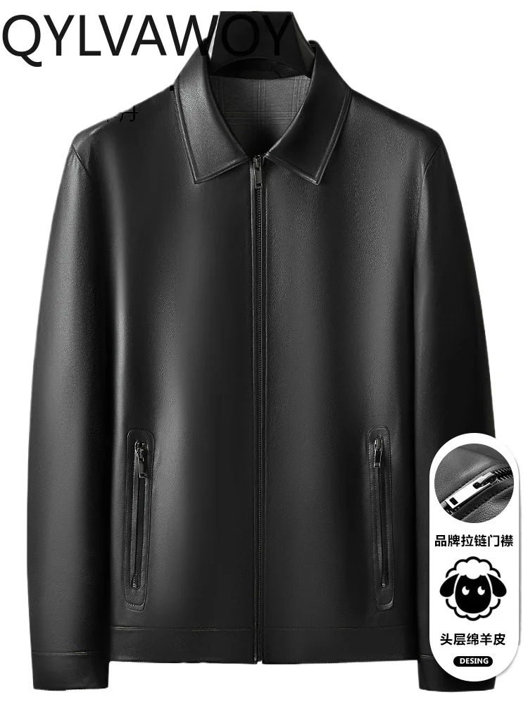 

QYLVAWOY куртка из натуральной кожи, мужская верхняя одежда из овчины, деловая куртка с лацканами для папы среднего возраста, осенне-зимняя новая кожаная куртка LJ2700