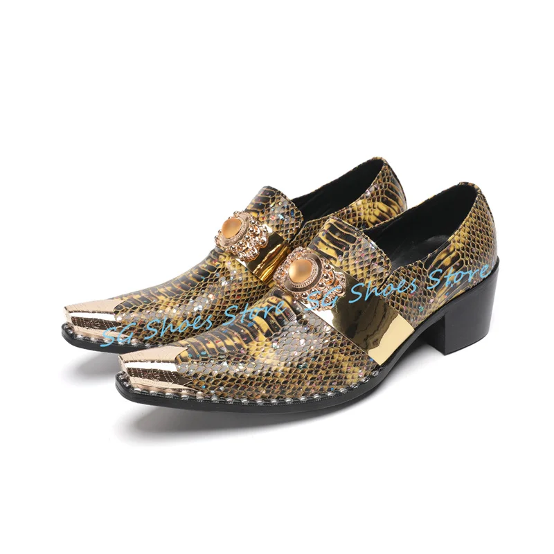 

Fashion Snakeskin pattern Prints Crystal Strap Loafers for Men Metal Pointed Toe Chunky Heel Shoes Male Wedding Dress Shoes