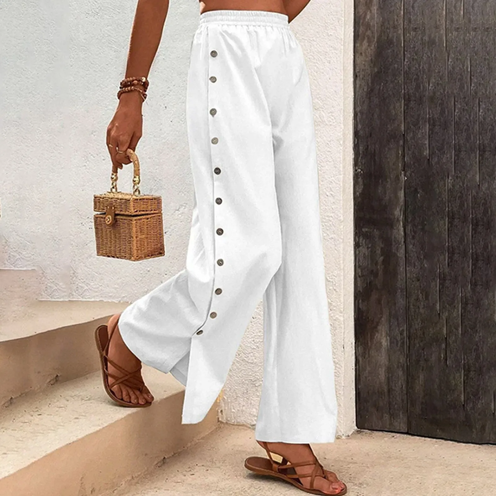 Women Vintage Solid Cotton Linen Slit Multi-Button Pants High Waist Casual Straight Trousers Summer Female Loose Sweatpants